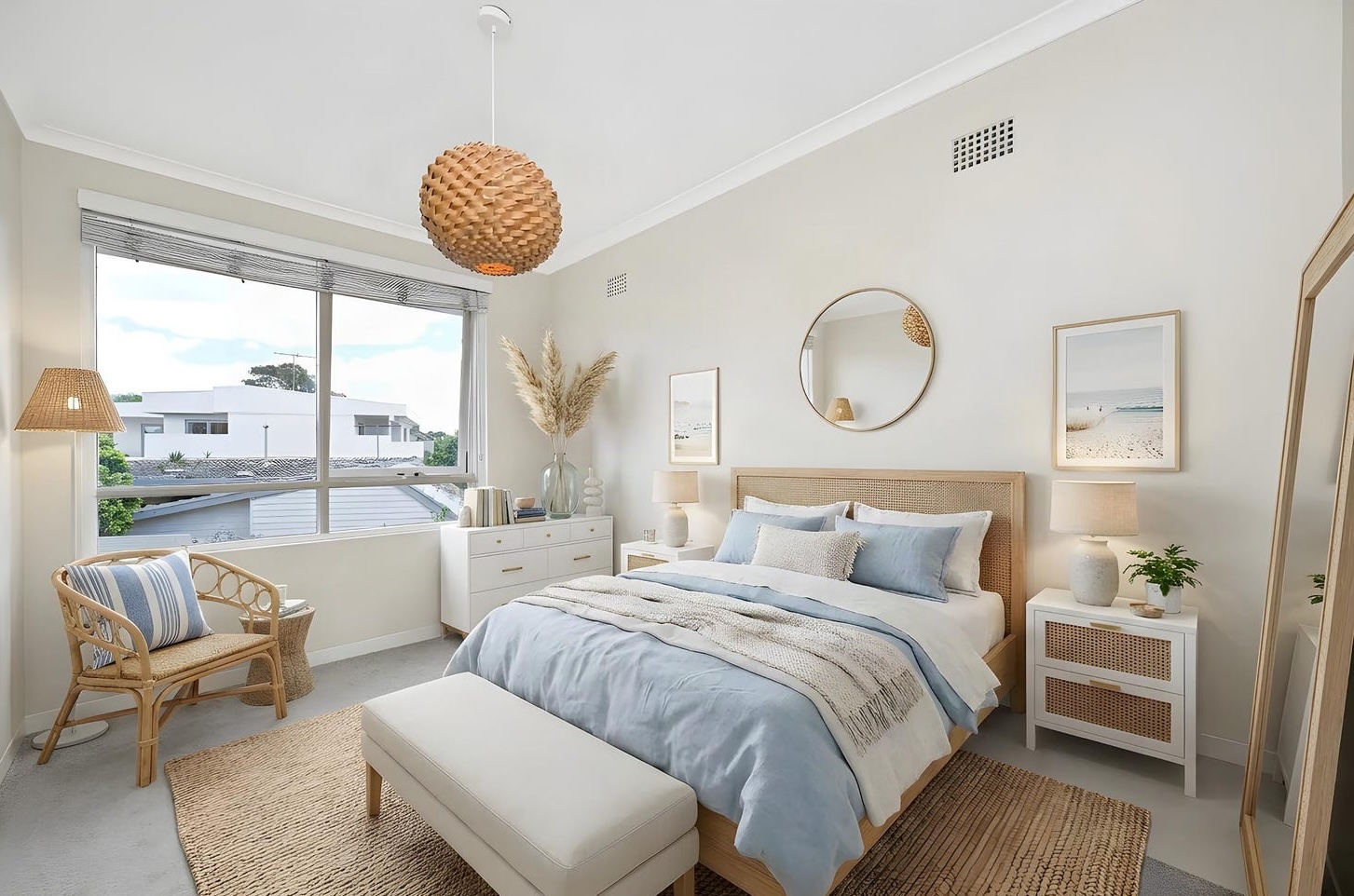 Third bedroom staged with a caned oak bed, pale blue linen, cream bench, rattan armchair and jute rug